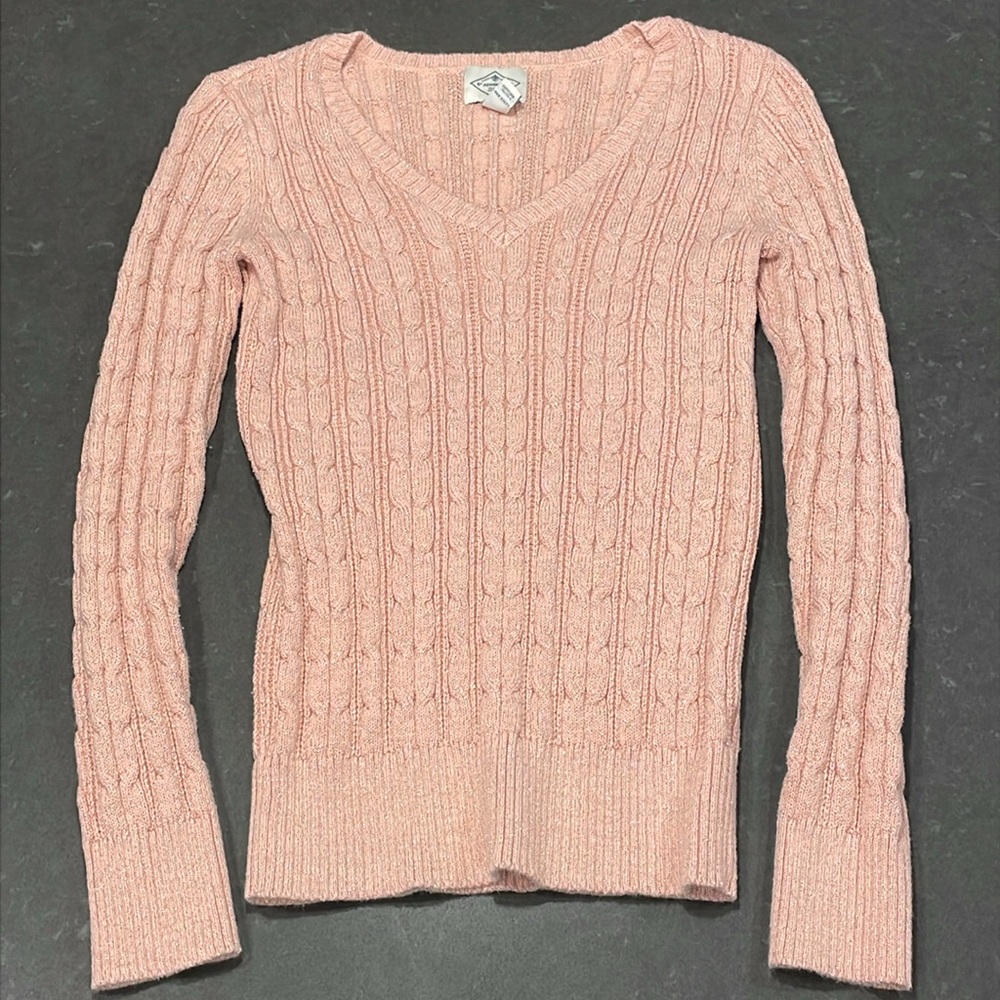 St. John’s Bay Light Pink Metallic Cable Knit V-Neck Sweater Extra Small